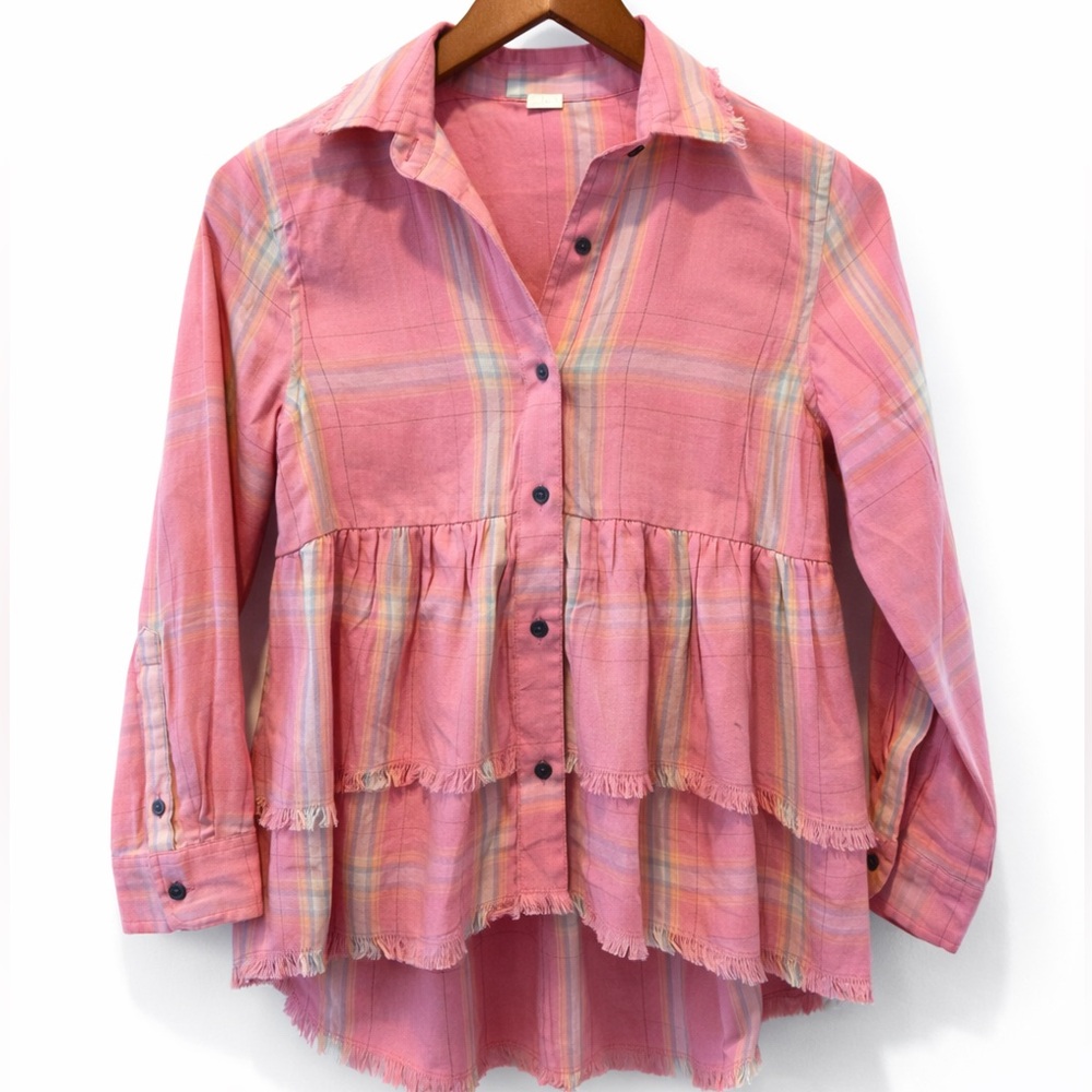 Girls Pink Plaid Tiered Button Down Top Small True Craft
